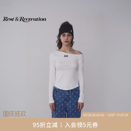 RR修身斜肩一字领logo长袖T恤