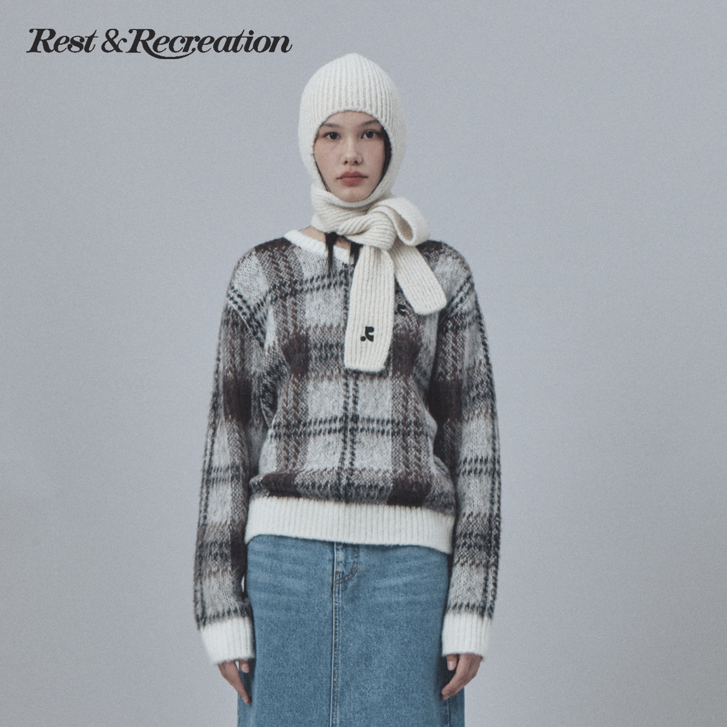 RR复古格纹马海毛V领套头毛衣