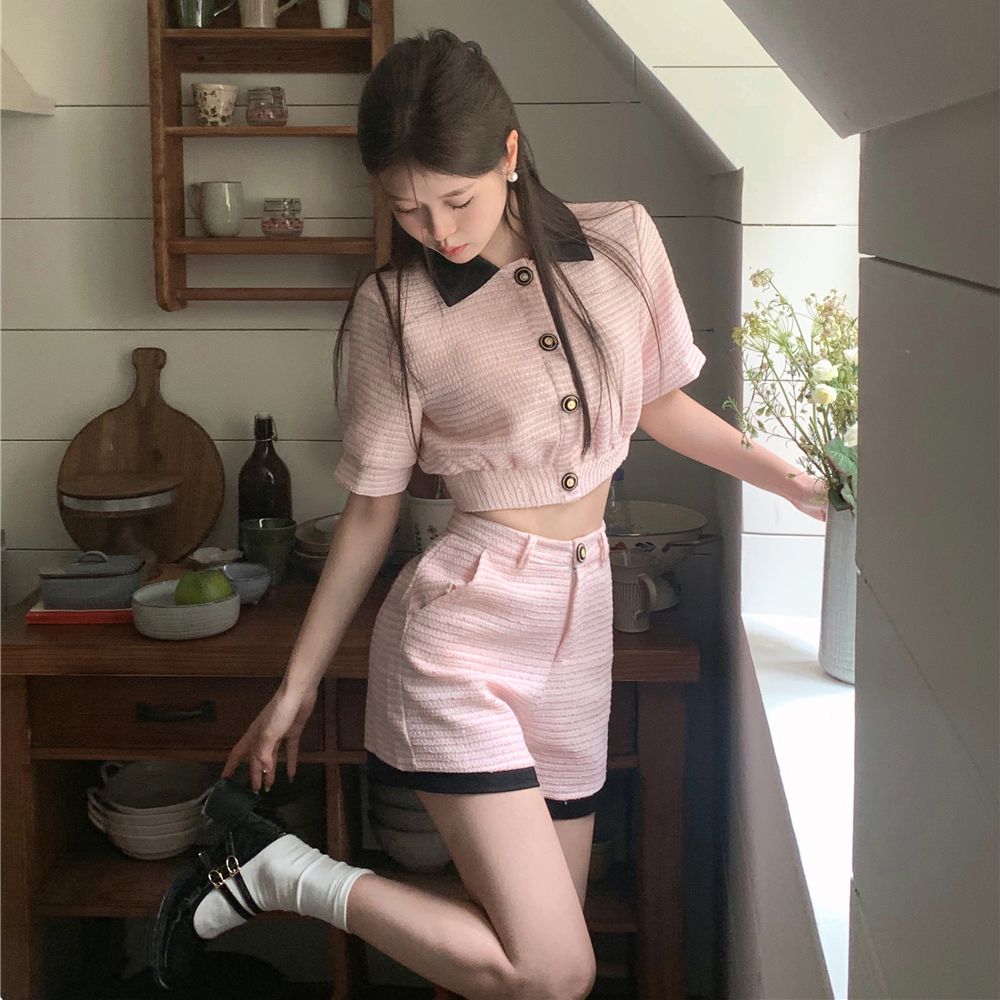 粉色小香风套装复古千金短袖短裤两件套气质名媛甜辣风减龄女夏装