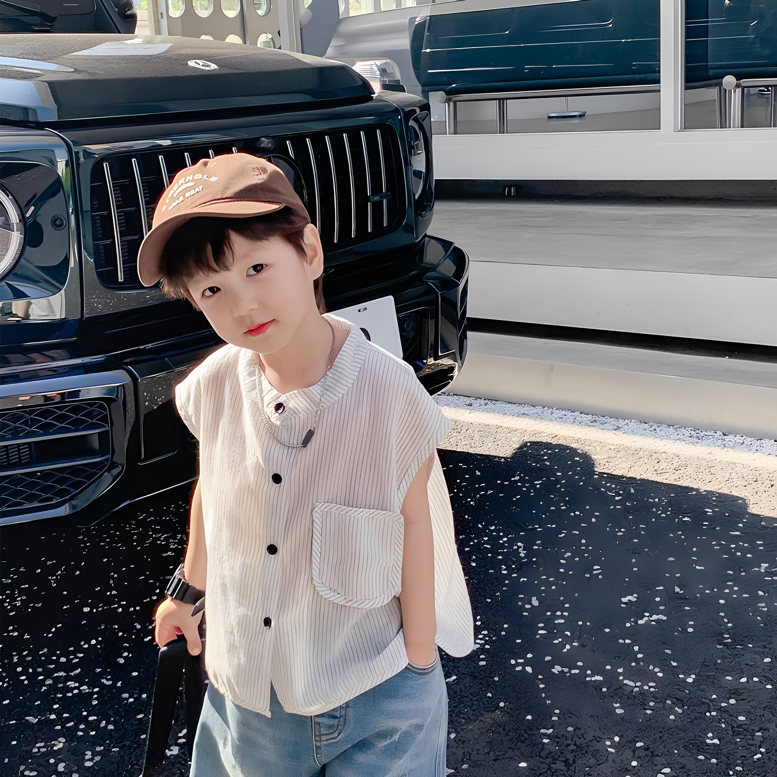 2025新款男童无袖竖条纹衬衫夏季清爽凉感透气背心宝宝设计感轻薄