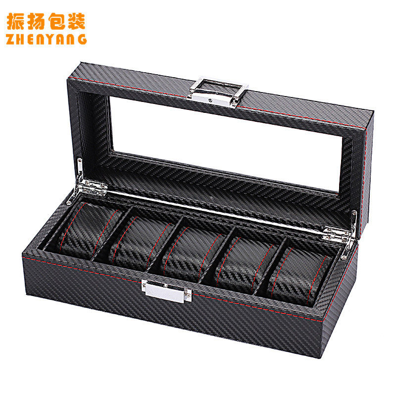 碳纤维5位手表盒黑色PU收纳盒开窗皮革首饰箱手表包装盒首饰品