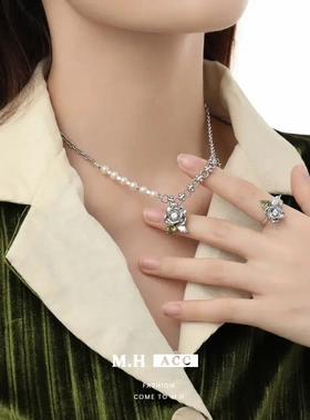 小众设计感绿叶玫瑰花项链女高级感ins风锁骨链精致粗链项饰