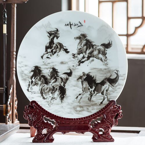 景德镇陶瓷器水墨八骏马图十寸装饰挂F盘坐盘家居博古架办公室摆