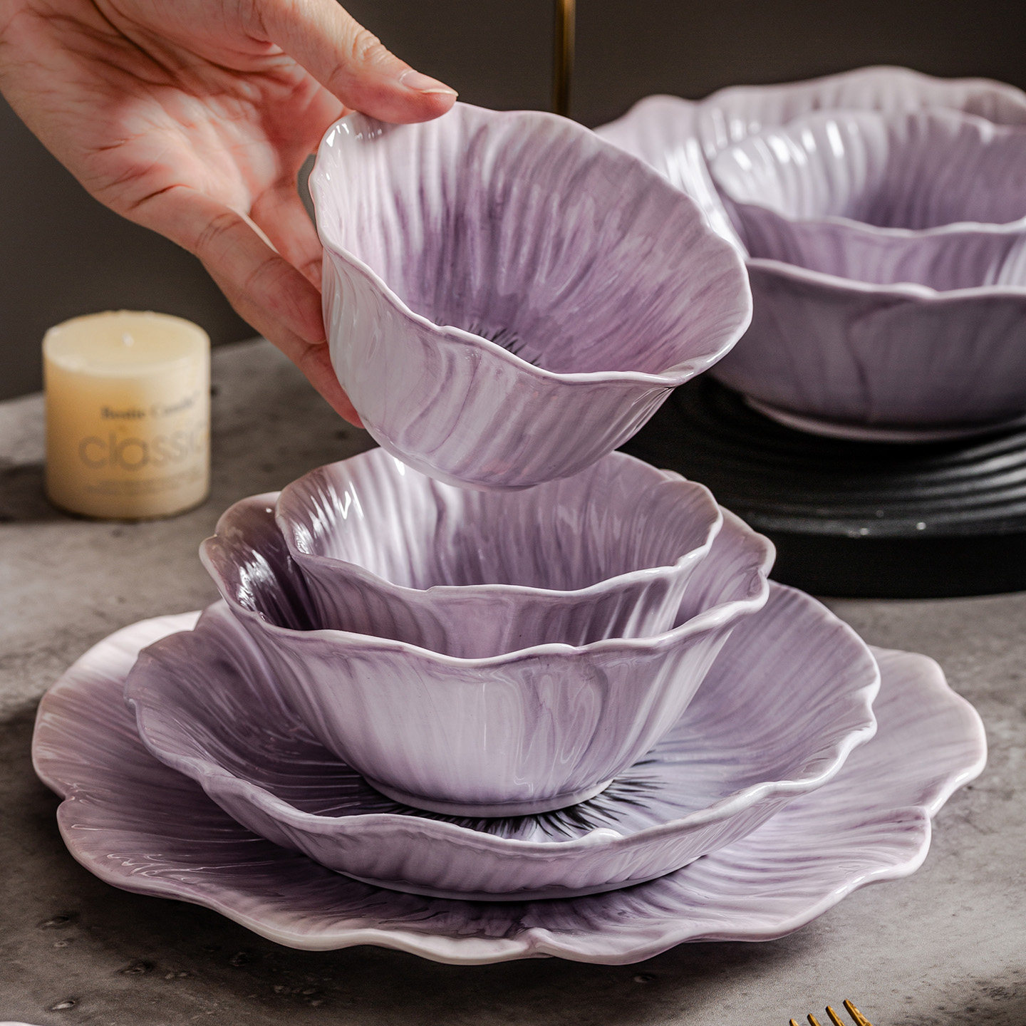 三色堇花卉釉下彩饭碗精致高颜值