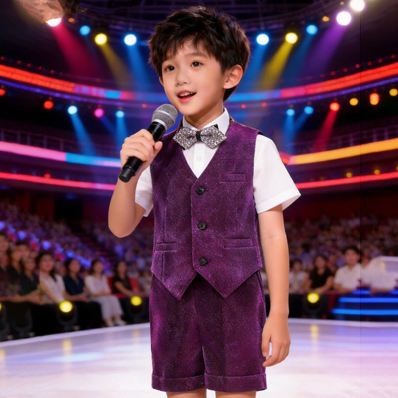儿童礼服小主持人男童紫色亮片马甲套装短裤短袖夏季宴会钢琴演出