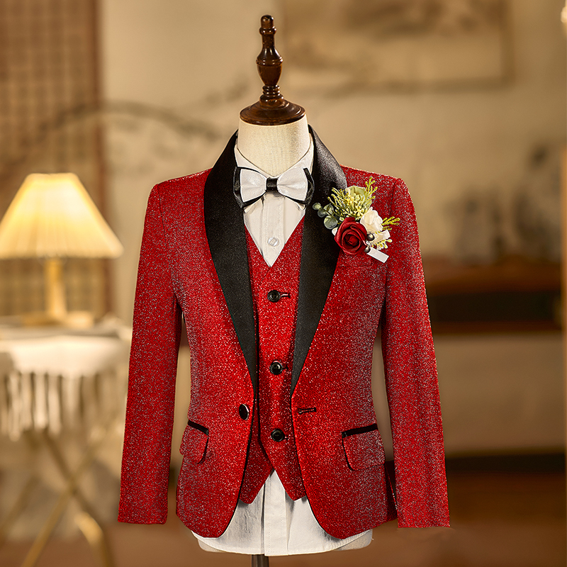 红色男童西服套装儿童主持人礼服