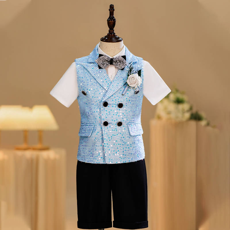 儿童演出服蓝色亮片马甲套装男童大合唱表演服主持人礼服夏季短袖