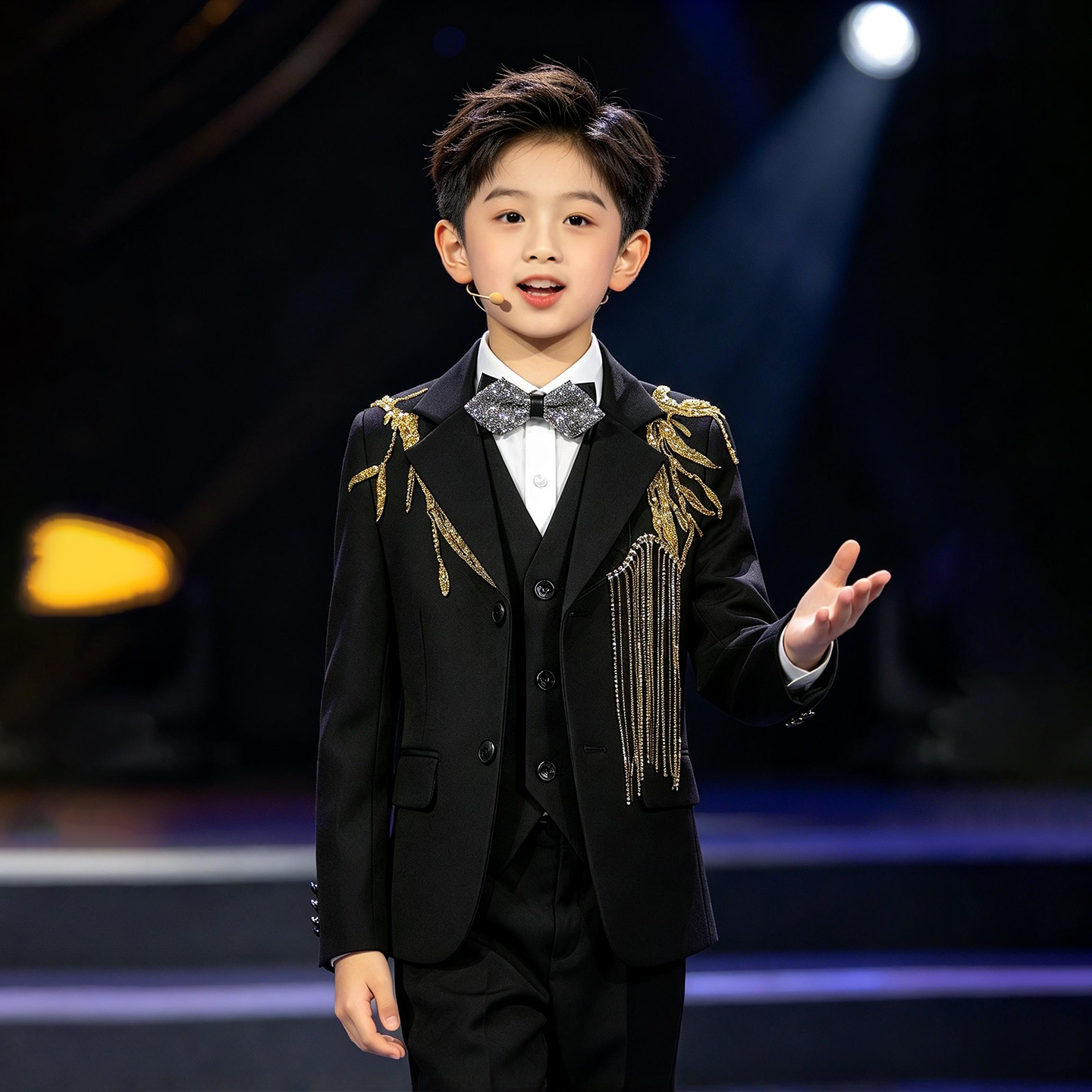 男童礼服亮片西装黑色主持人服装儿童中国风晚会舞台歌唱演出正装