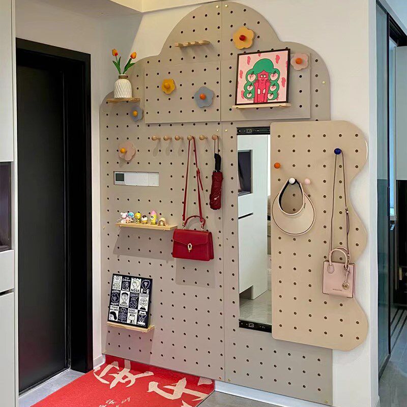 实木洞洞板入g户玄关带镜子一体 家用全身穿衣镜收纳挂衣置物架