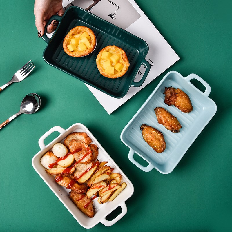 新款双耳烤盘陶瓷家用长方形盘子 烤G箱芝士焗饭烘焙烤碗餐具餐盘