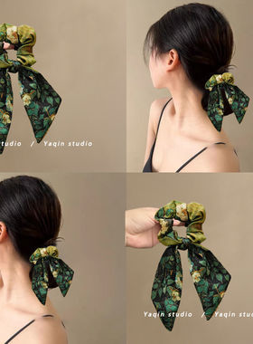 发饰女新款野玫瑰梵高飘带大肠发圈星空缎面油画发带头绳皮筋发绳