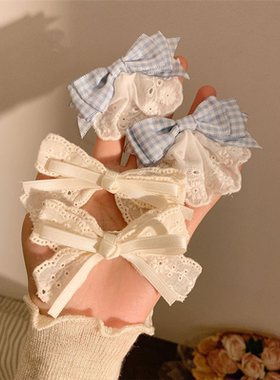 蓝色边夹蕾丝蝴蝶结发夹女云朵泡泡~侧边甜美发卡夹子头饰洛丽塔