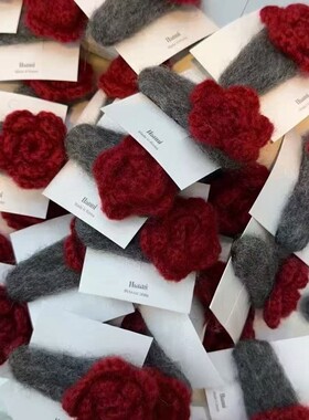 复古酒红玫瑰针织发夹 灰底质感款 秋冬日常通勤侧边装饰温柔头饰