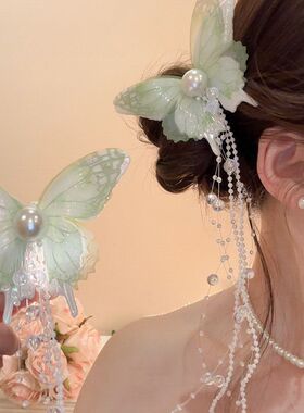 粉色蝴蝶结珍珠流苏发卡超仙甜美少女碎发侧边夹爆款一字夹头饰