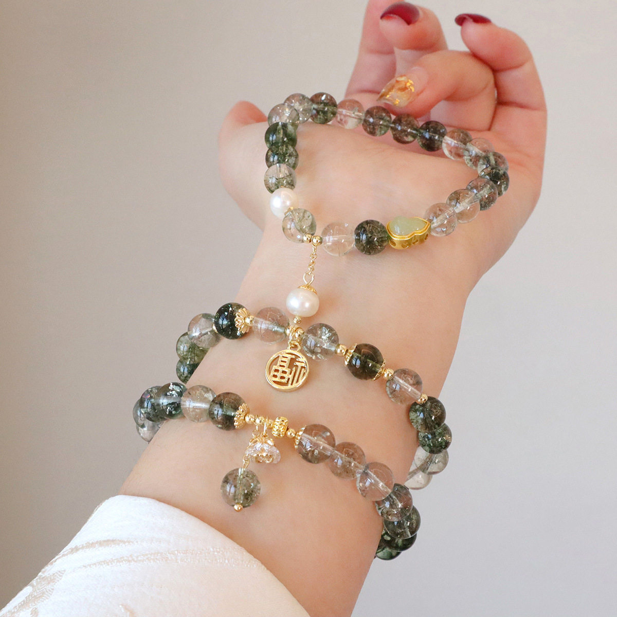 绿幽灵水晶新中式珍珠手链女葫芦小众手串福牌中国风简约百搭新款