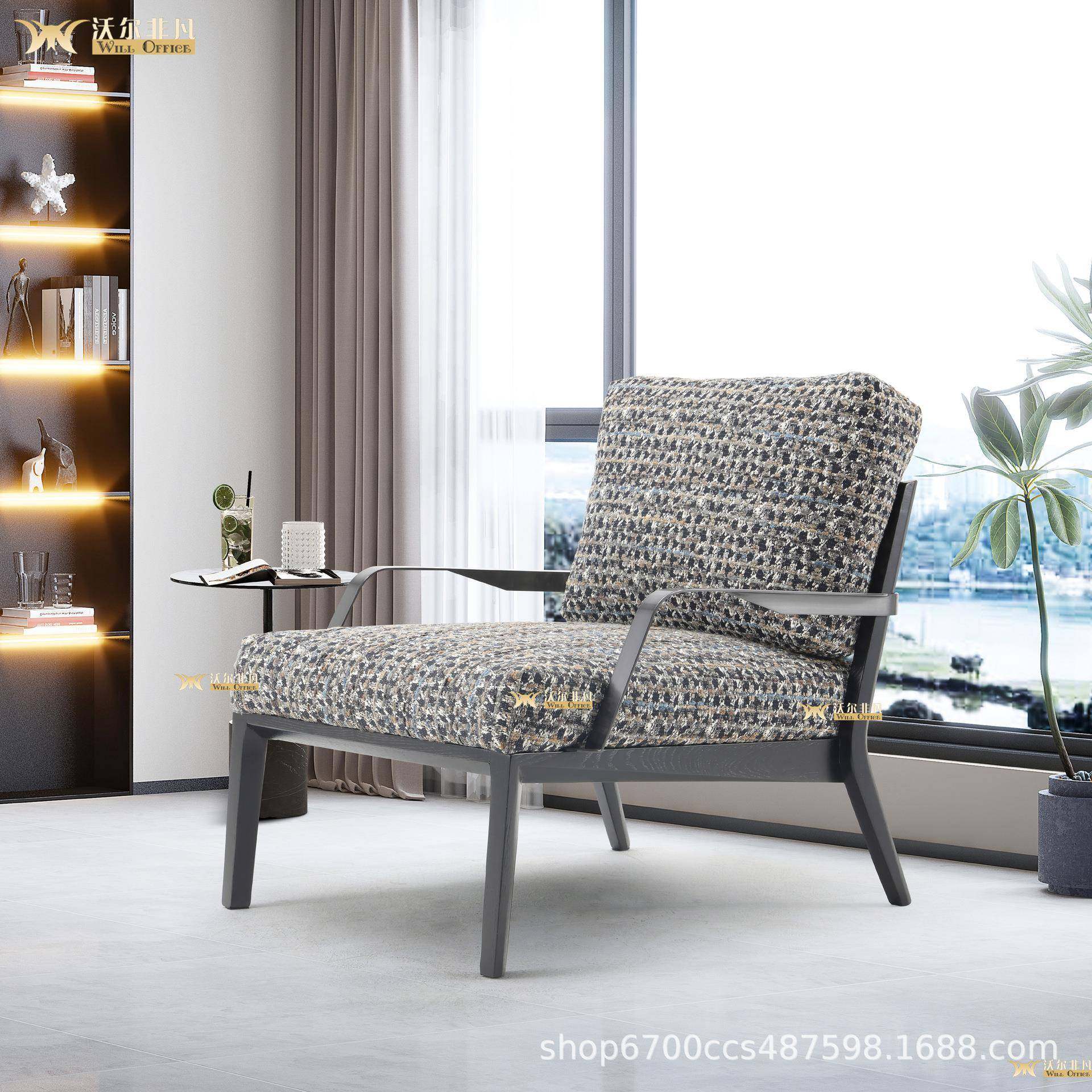 意式极简客厅躺椅懒人沙发椅亚麻布真皮休闲椅设计师实木单人椅子