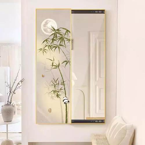 新中式隐藏式全身镜挂画玄关装饰画竖版竹子隐形推拉式穿衣镜壁画