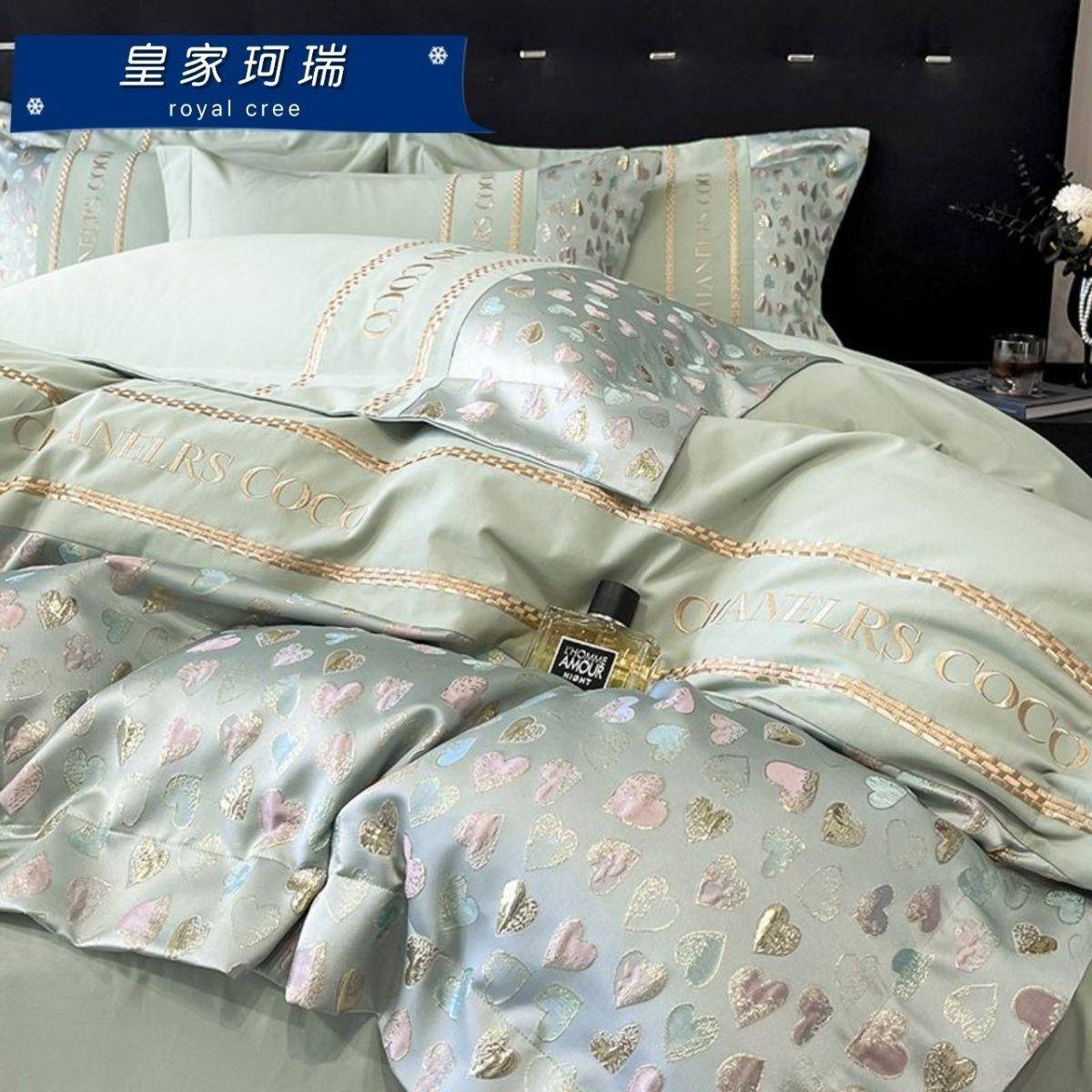 160支纯棉磨毛四件套爱心刺绣被套全棉床单秋冬床上用品1刺绣款