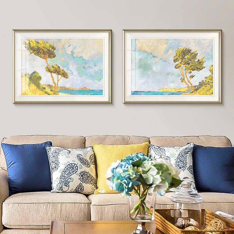 现代美式客厅沙发背景挂画法式轻奢卧室床头装饰画简欧海边挂画