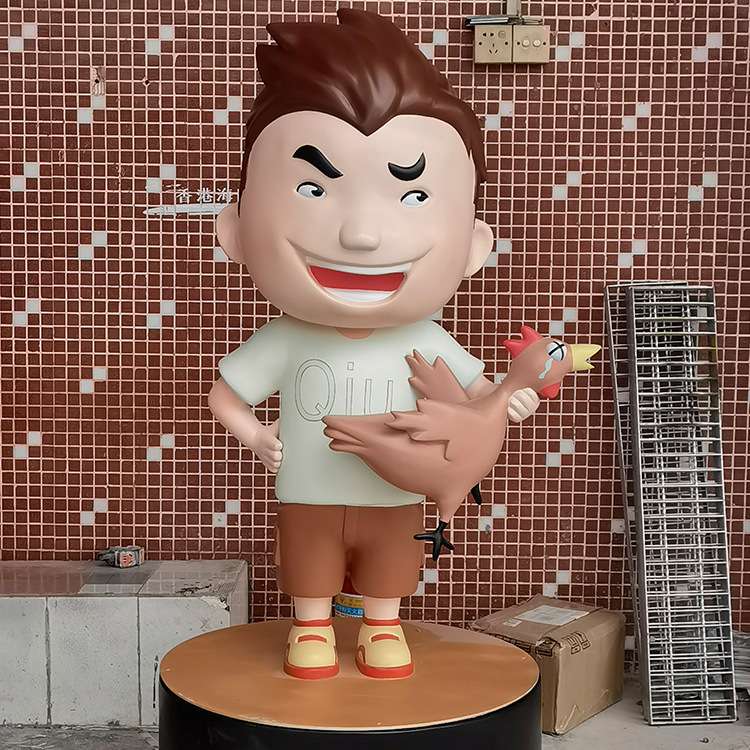 饭店餐饮抽象手拿饭碗干饭人卡通人物橡胶雕塑公园网红款装饰景观