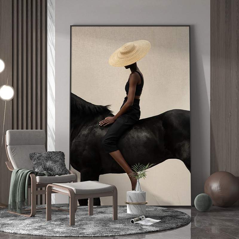 骏马 现代轻奢玄关装饰画动物美女个性时尚落地画客厅背景挂画图片