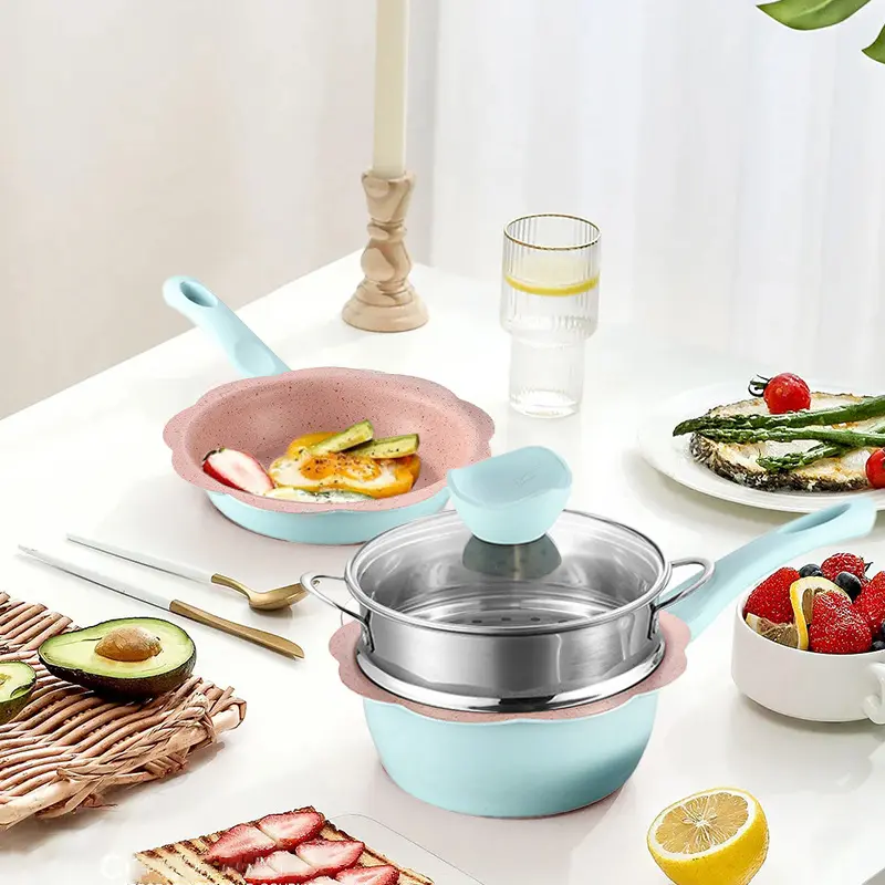 麦饭石加厚奶锅日式雪平锅带蒸格家用不沾锅复合底定制