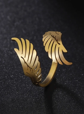 日韩ins网红新款复古切割不锈钢天使翅膀戒指女时尚个性气质指环