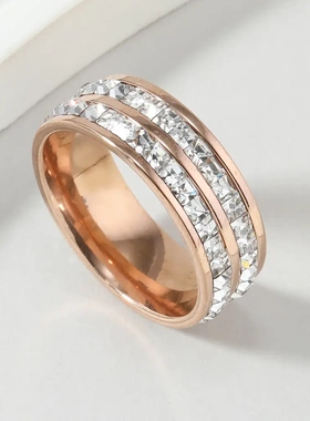 欧美钛钢满天星戒指轻奢8mm双排方钻戒指情侣对戒不锈钢饰品