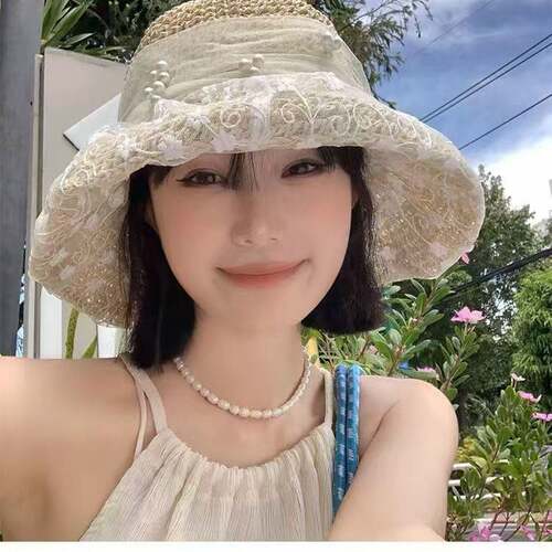 蕾丝珍珠系带法式镂空草帽女春夏季碎花大帽檐遮阳太阳帽子防晒帽
