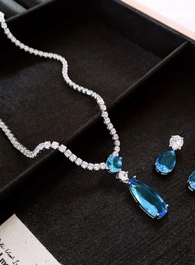 法式气质海蓝色水滴锆石项链轻奢高级感锁骨链时尚气质新款项饰女