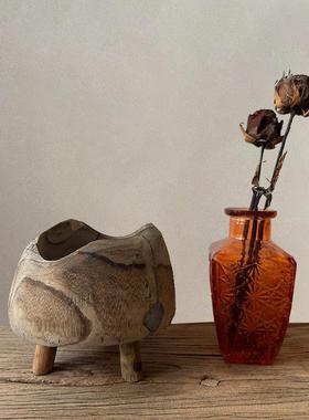 侘寂风木质高脚托盘客厅茶几水果零食盘简约实木收纳盘软装摆件