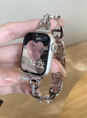 适用苹果手表8表带iwatch6se代3457金属表带链式透气淑女镶钻45mm