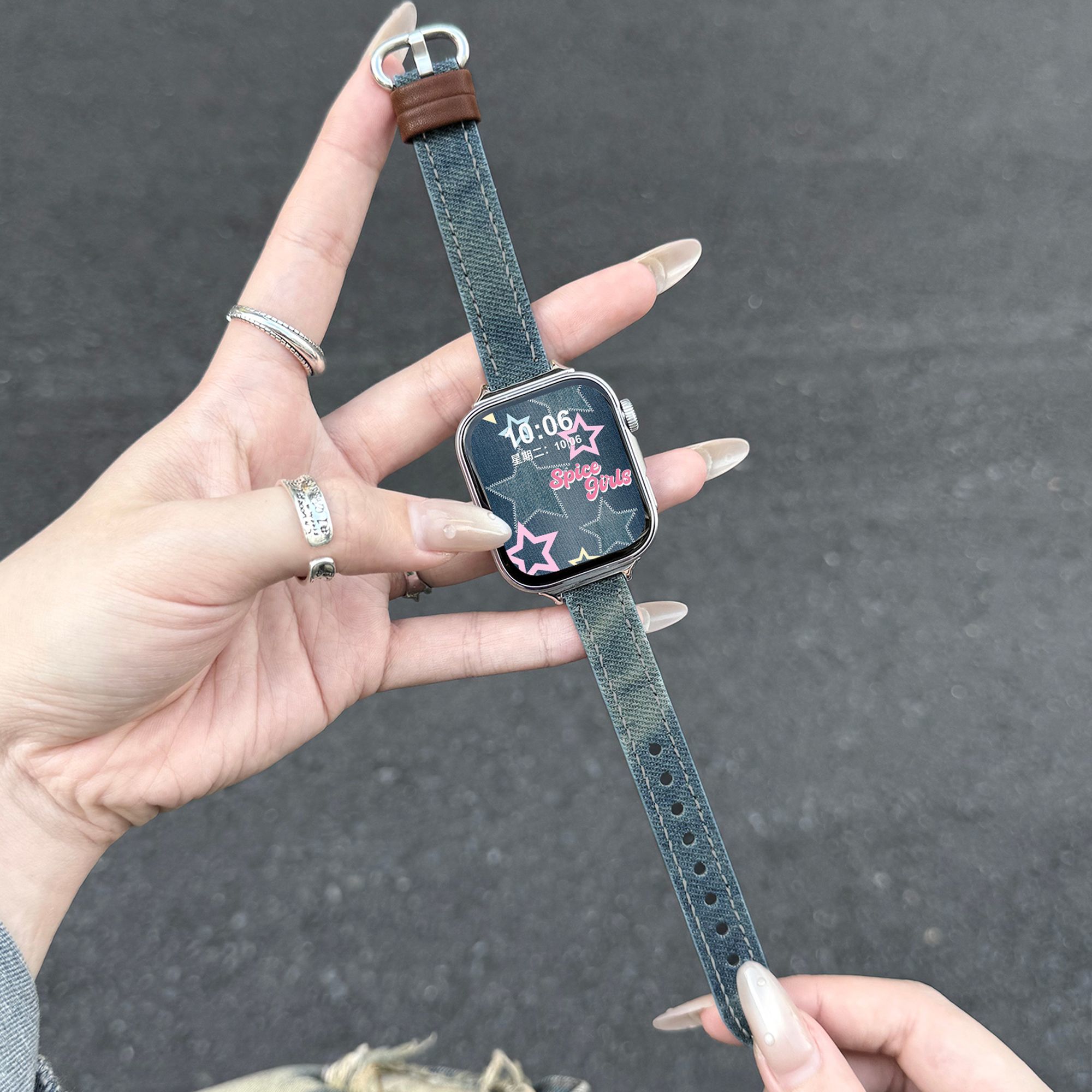 适用AppleWatchs11表带s10牛仔晕染iwatch987苹果手表复古皮腕带