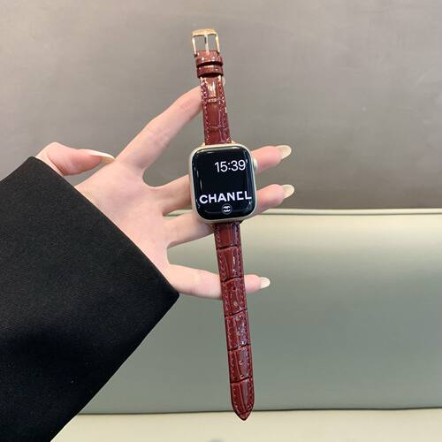 适用s11苹果手表iwatch10表带舒适细款亮面竹节皮质Applewatch987