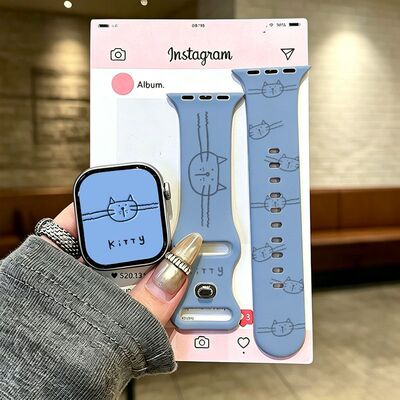 线条猫咪适用于苹果手表表带iwatchsS11/10/9硅胶AppleUltra3蓝SE