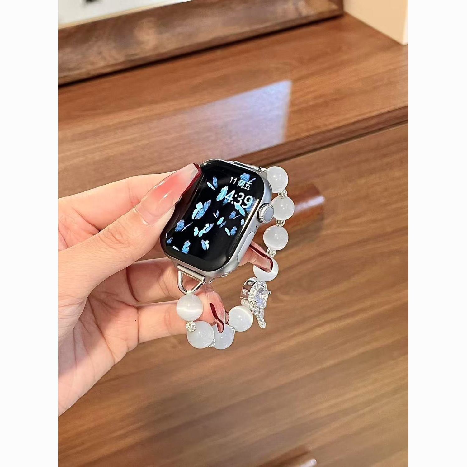 羽毛紫猫眼智能小米10表带AppleWatch串珠新适用苹果表带8910