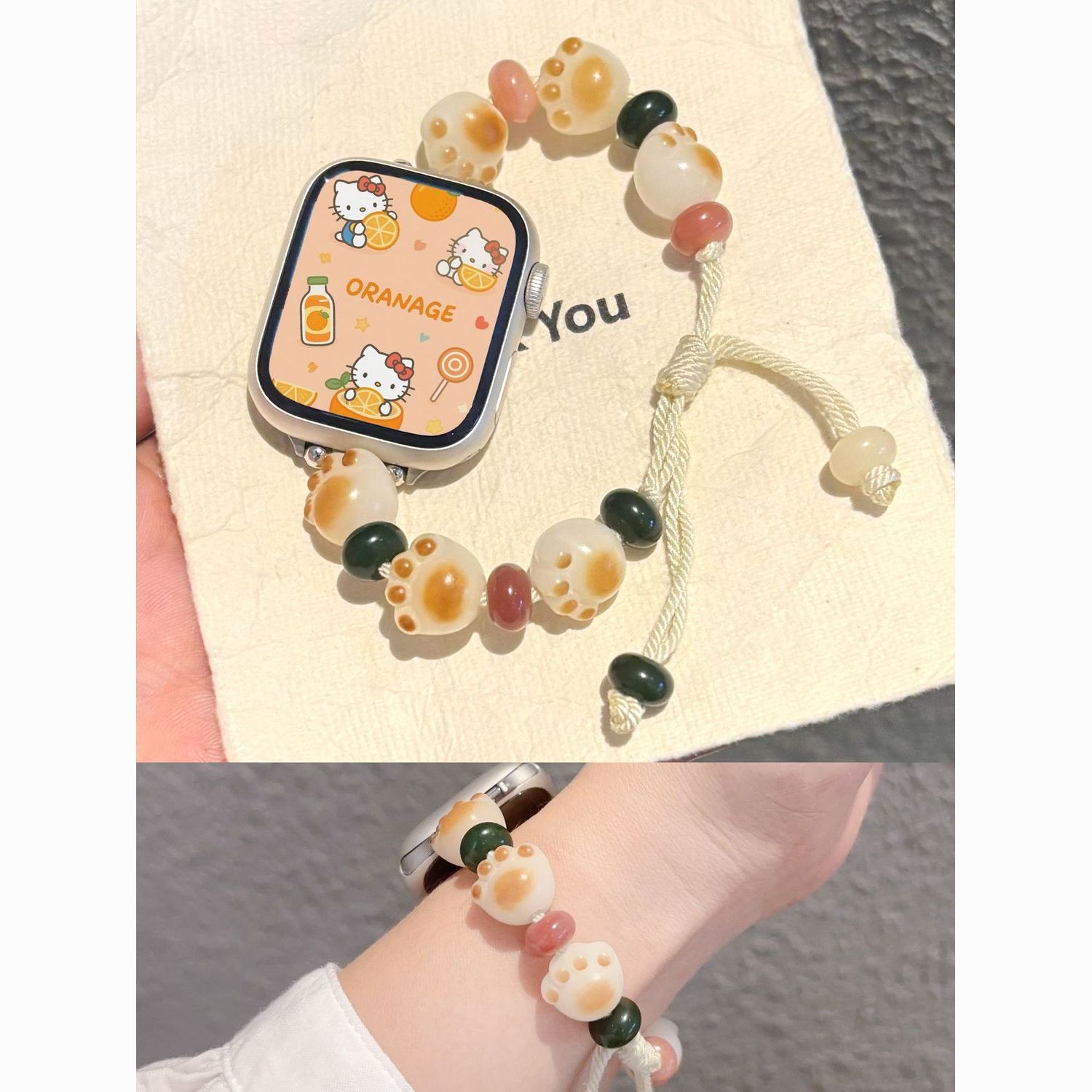 可爱猫爪菩提串珠表带适用苹果applewatch10腕带小米10华为gt红米