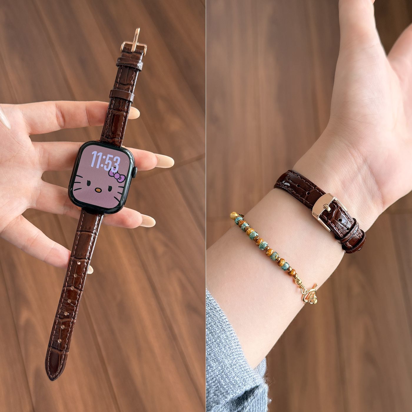 适用AppleWatchs11表带皮质秋冬亮面苹果手表9竹节纹iWatch7腕带
