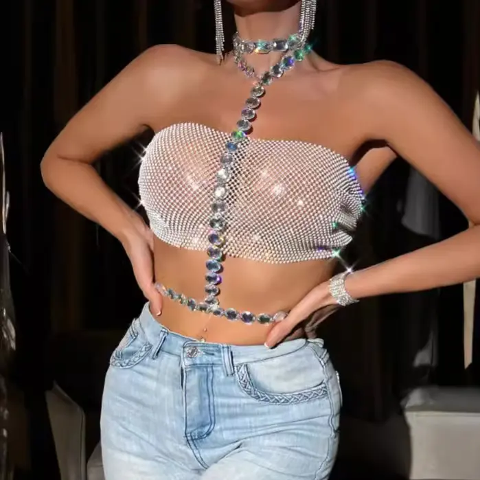 xh234欧美热销渔网水钻拼接亚克力钻时尚挂脖裹胸上衣背心