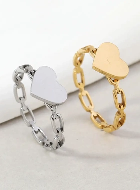 新品镂空链条焊牌爱心钛钢戒指小众设计不锈钢尾戒时尚手饰品