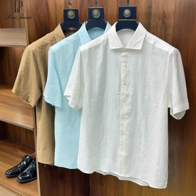 lp夏新品亚麻纤维简约短袖衬衫男