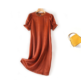 100%桑蚕丝红云纱顺纡绉国风短袖高端女装新中式真丝宽松连衣裙