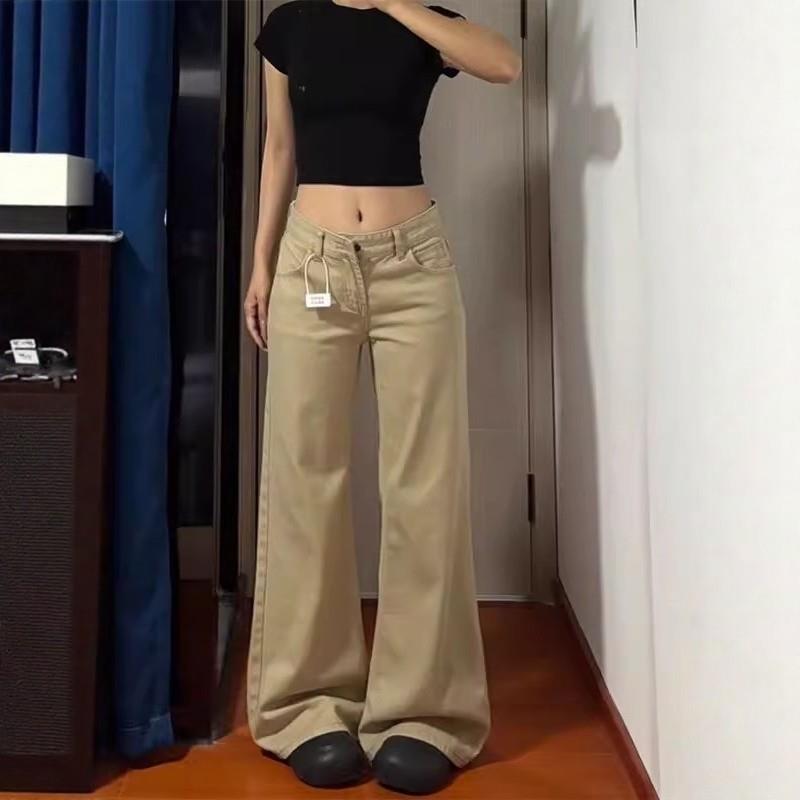 推荐卡其色低腰牛仔裤女秋季新款大码胖MM显瘦遮胯百搭不贴腿微喇
