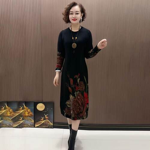 推荐中年妈妈印花针织打底衫女秋冬圆领羊绒衫洋气大码宽松中长款