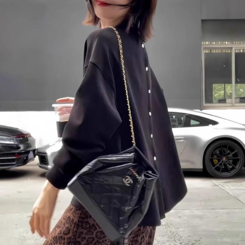 推荐复古棕色圆领长袖T恤女秋季新款大码胖mm宽松巨显瘦纽扣装饰