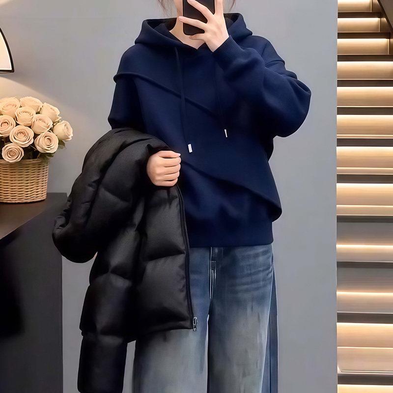 推荐设计感拼接连帽深蓝色卫衣女装2026春季新款宽松显瘦百搭长袖