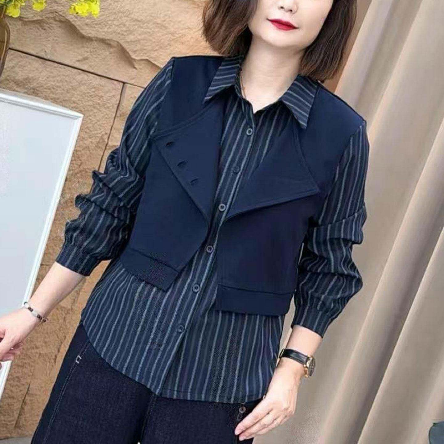 推荐时尚拼接假两件条纹衬衫女秋季新款宽松百搭显瘦中年妈妈长袖