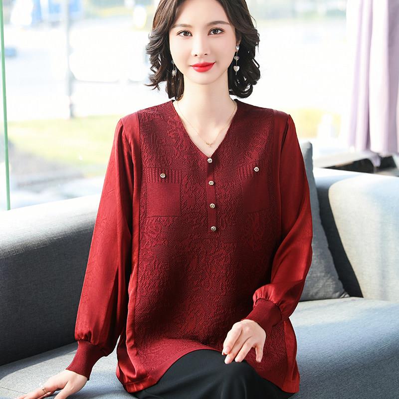 推荐妈妈春装新款大码上衣长袖雪纺衬衫T恤中老年女洋气薄针织打