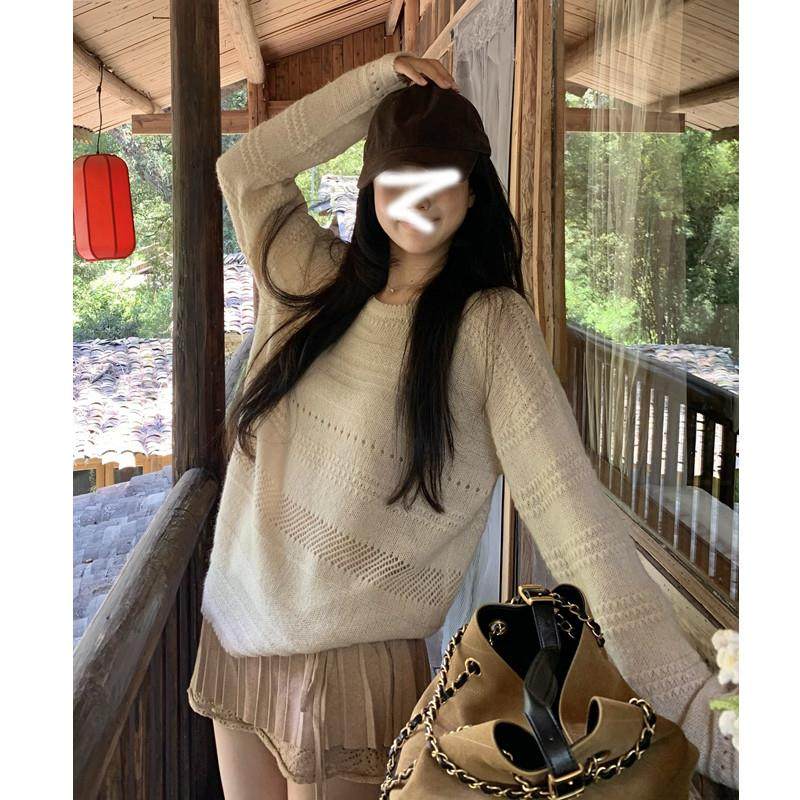 推荐镂空慵懒风毛衣女秋冬2025新款宽松套头针织衫中长款圆领长袖