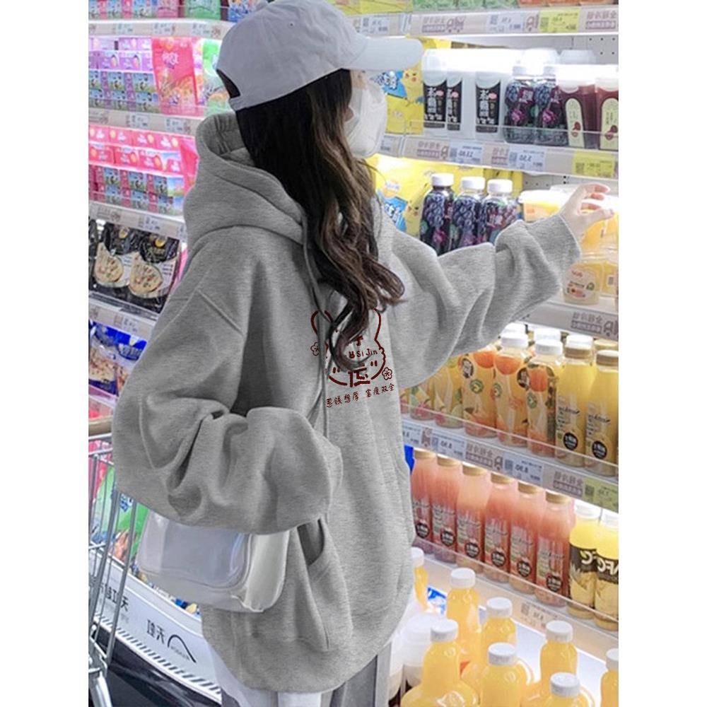推荐灰色连帽卫衣女士2026新款秋冬季加绒韩系别致慵懒风大码宽松